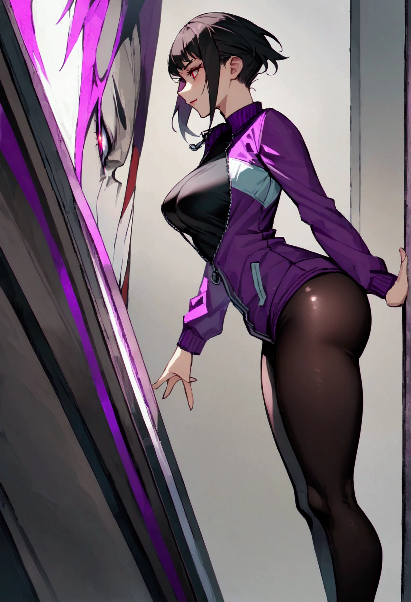work of art,face detailed,beautiful young fitness woman with , in a gym wearing May with black pantyhose, white and purple tight short gym jacket. standing alone,red eyes glowing,Evil smile,legging preto ,labiaa,dark eye shadow,shining eyes,one hand on the waist and the other hand leaning against the wall,crouched,neckleace,jacket zipper half open,Tight black shirt,white sports tennis shoes,short hair with purple details,beautiful curves,whole body,hair with purple details,labiaa,detailed face and eyes,work of art,sexy look,crouched,pefil from sideways,from sideways,confrontation

