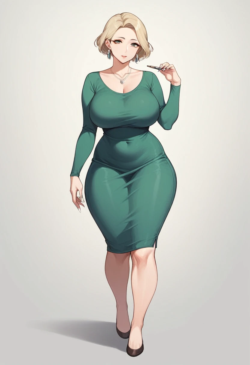 1girl, solo, short hair, short, bob hairstyle, hair bangs, covered forehead, large breasts, wide hips, thick thighs, 40 year old woman, blonde hair, small feet, white nail polish, long fingernails,  full body shown, standing, tight long sleeve short green dress, flats shoes, dark brown footwear, milf, milf body, entire body shown, facing forward, earrings, small necklace, pencil dress 