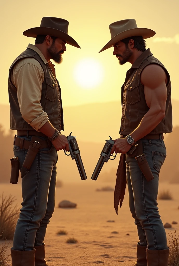 draw two cowboys drawing their guns to shoot each other, they are far from each other 