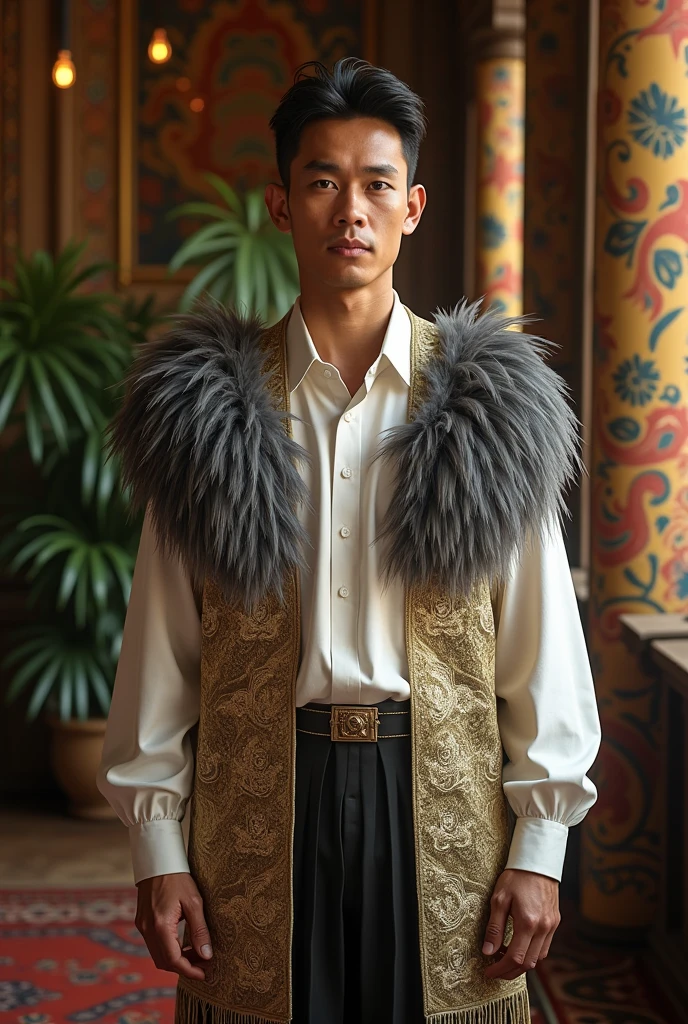 Filipino barong thas has gray shoulder feather and fringe designs all over