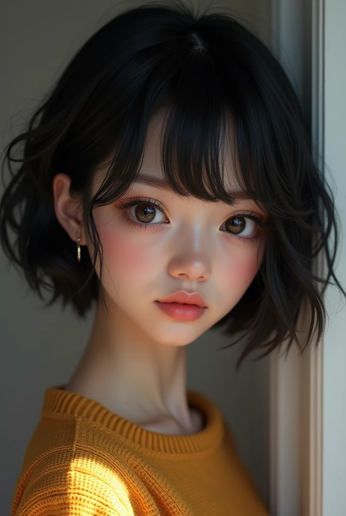 (masterpiece:1.3), (8k, photorealistic, RAW photo, best quality: 1.4), (1girl), beautiful face, (realistic face), (black hair, short hair:1.3), beautiful hairstyle, realistic eyes, beautiful detailed eyes, (realistic skin), beautiful skin, (sweater), absurdres, attractive, ultra high res, ultra realistic, highly detailed, golden ratio