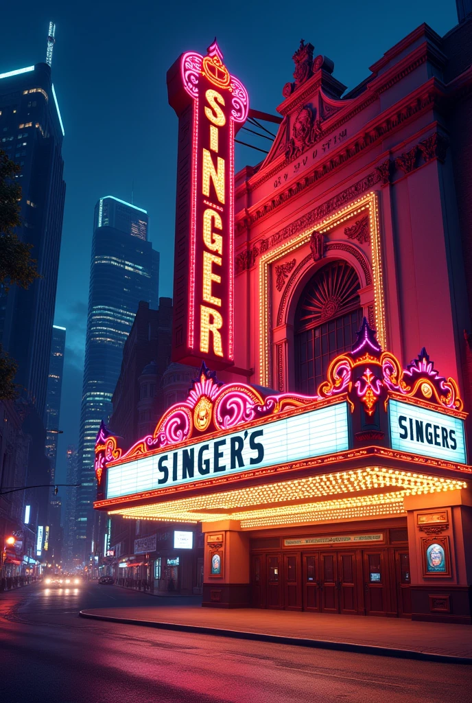 Famous theater front poster of luminous city, advertising that today is the day "SINGERS".