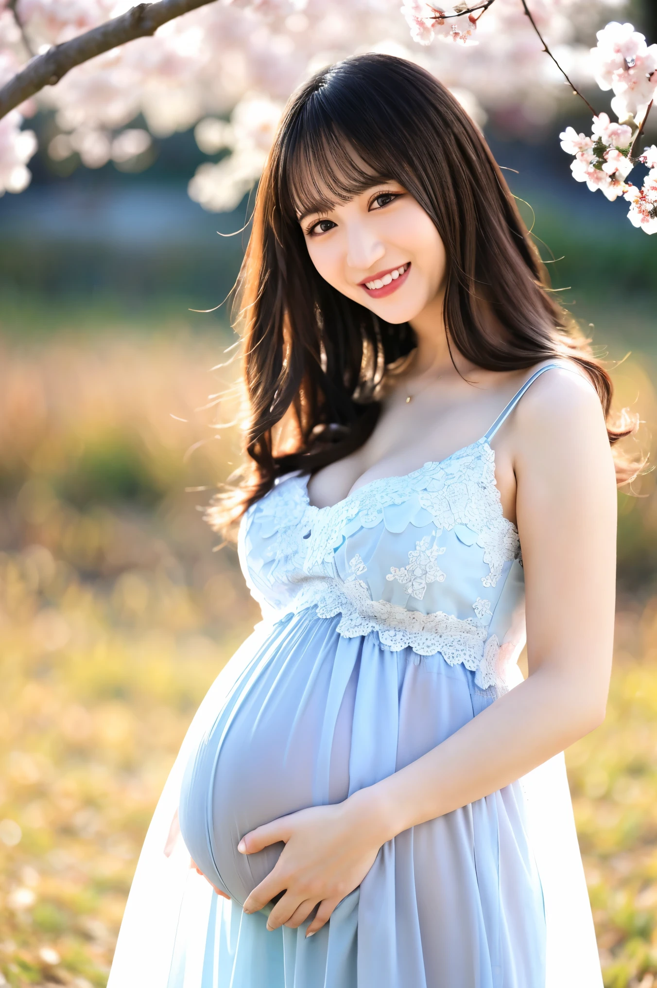 (Highest quality、masterpiece、8k、Best image quality、Award-winning works)、1 female、A walk in the park、(pregnancy:1.1)、(alone:1.1)、(1 photo:1.1)、Elegant white maternity wear、See-through maternity wear、Perfect Makeup、thin、The biggest smile is looking at me、Perfect Anatomy、Standing full body photo、Blurred cherry blossoms in full bloom,、big grass park、Refreshing atmosphere、very bright and vivid、Beautiful eyes in ultra-high resolution、Ultra high resolution perfect beautiful teeth、Ultra-high definition beauty face、Ultra HD beautiful hair、Perfect teeth alignment