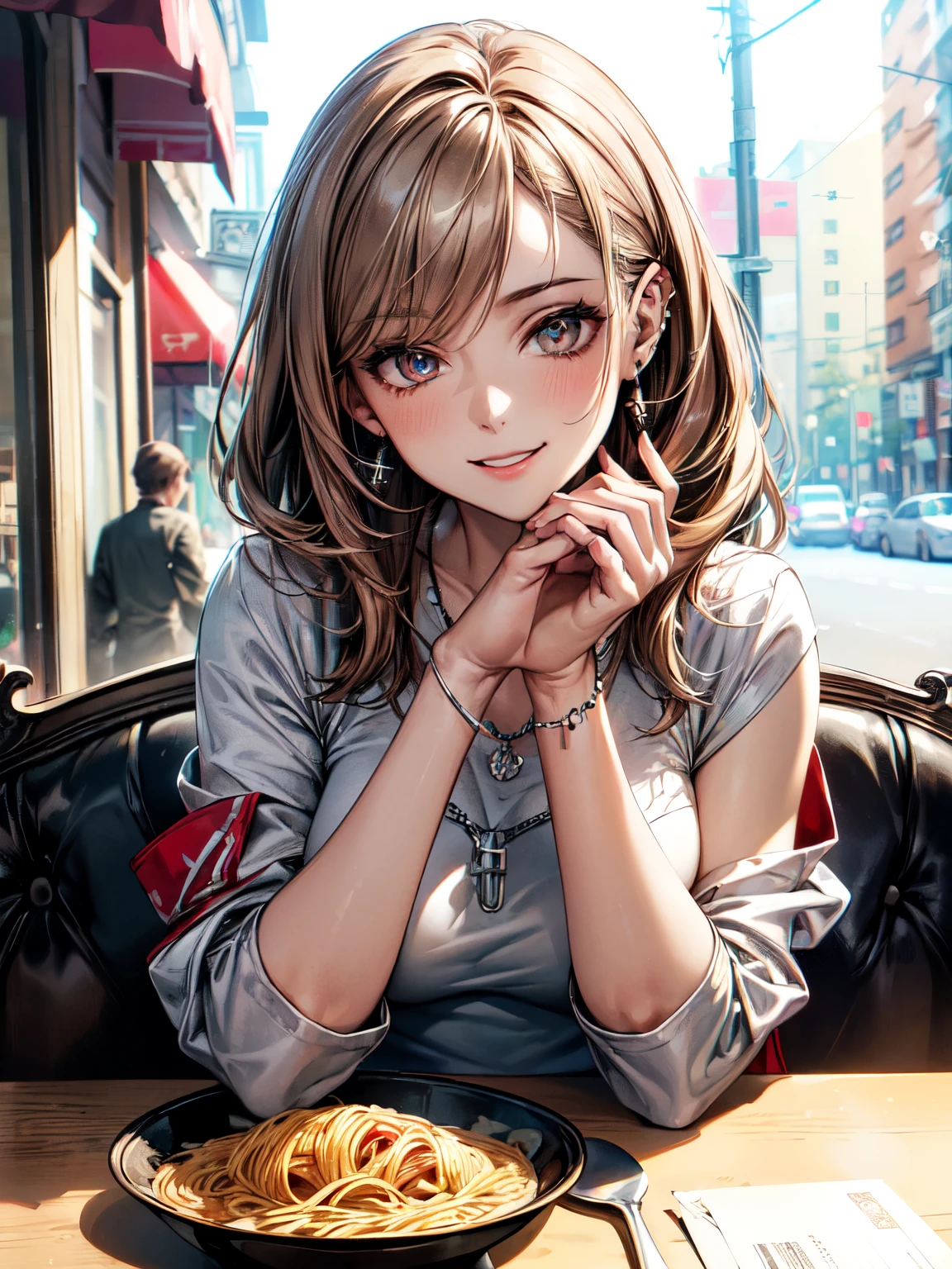 (RAW photo:1), (best quality:1.3), (masterpiece:1.3), (ultra-detailed:1.3), (beautiful:1), (beautiful detailed eyes:1.1), (extreme detailed illustration:1.3), (professional lighting, face lighting:1.2), (perfect anatomy, left to right balance, Perfect Hands,Perfect Fingers,Perfect Limbs,Perfect Body,Correct Human Body, beautiful eyes:1.3), soft light, beautiful body, (28 years old: 1. 2), (light brown hair:1.3), medium hair, straight hair, (light brown eyes:1.2), nurse, friendly and approachable, milf, extreme detailed illustration, (portrait of a person, DSLR style, shallow depth of field, background blur, bokeh effect, f/1.8:1.1), 1girl, (smile:1.2), (cute:1.2), happy, twenties, looking at viewer, wearing trendy outfit, zip front bomber jacket, white cropped camisole underneath:1.3, Silver chain necklace, piercings, silver bracelet
, silver pumps, silver chain necklace, piercings, silver bracelet, , breasts rest, person enjoying pasta lunch, outdoor cafe setting, vibrant city atmosphere, photorealistic, detailed focus on pasta dish, wide angle