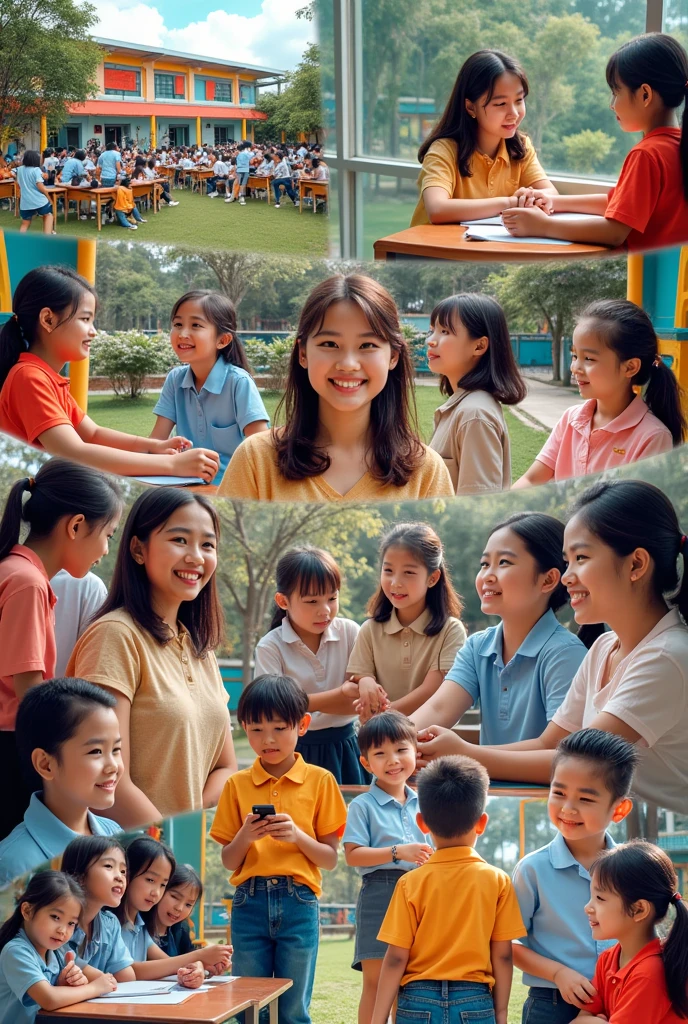 create and collage photo na that shows a school in the Philippines with teachers, students who are friends, and grade 1 students to grade 6 students