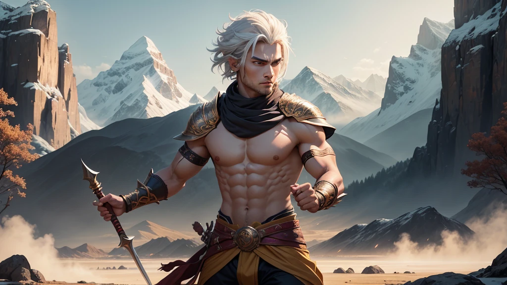 Create an image of Ashara, a skilled warrior from the Dragon Clan. He should be depicted in battle-ready attire with dragon motifs, holding a spear. His expression should be determined and focused. The background can show a training field surrounded by mountains and trees, highlighting his role as a formidable fighter."