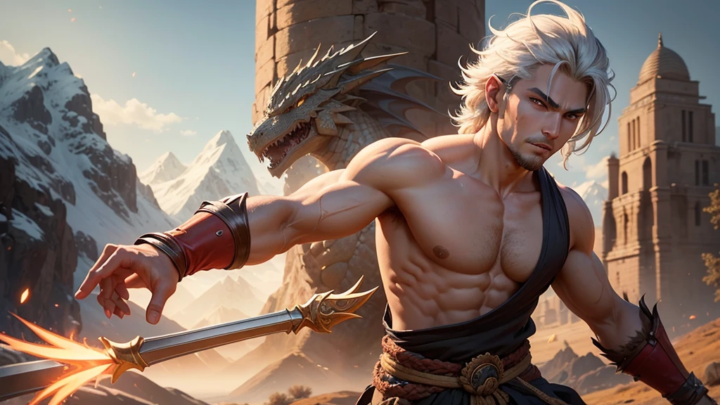 Create an image of Ashara, a skilled warrior from the Dragon Clan. He should be depicted in battle-ready attire with dragon motifs, holding a spear. His expression should be determined and focused. The background can show a training field surrounded by mountains and trees, highlighting his role as a formidable fighter."