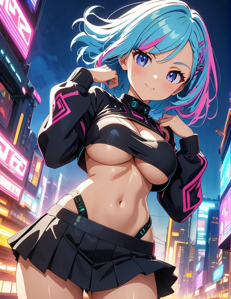 (anime artwork, anime style, studio anime, very detailed, up to date, vibrant, Anime Coloring, high contrast, masterpiece:1.2, best quality, best aesthetics),1 girl,cyber punk clothes, Medium chest, A glimpse of thighs,cyber punk hair, One eye is hidden by the bangs, perfect proportions, high detail skin, Cute, detailed faces,cyber punk city,night, large breasts, cutout between underboob and shirt,very short pleated miniskirt,
stylish pose,