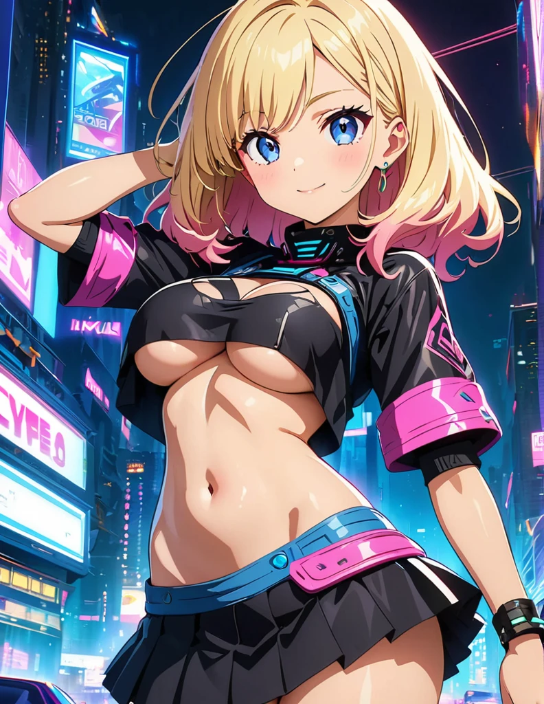 (anime artwork, anime style, studio anime, very detailed, up to date, vibrant, Anime Coloring, high contrast, masterpiece:1.2, best quality, best aesthetics),1 girl,cyber punk clothes, Medium chest, A glimpse of thighs,cyber punk hair, One eye is hidden by the bangs, perfect proportions, high detail skin, Cute, detailed faces, cutout between underboob and shirt,very short pleated miniskirt,makeup, smart phone, head phone to wear around the neck,