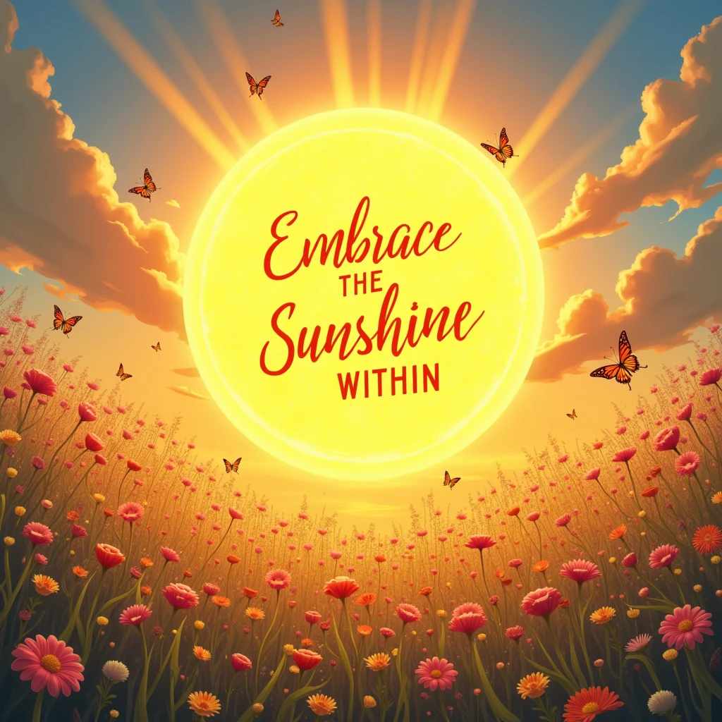 A glowing sun radiating warmth and positivity, surrounded by a field of colorful flowers and butterflies, with the words "Embrace the Sunshine Within" written in a calligraphy style.