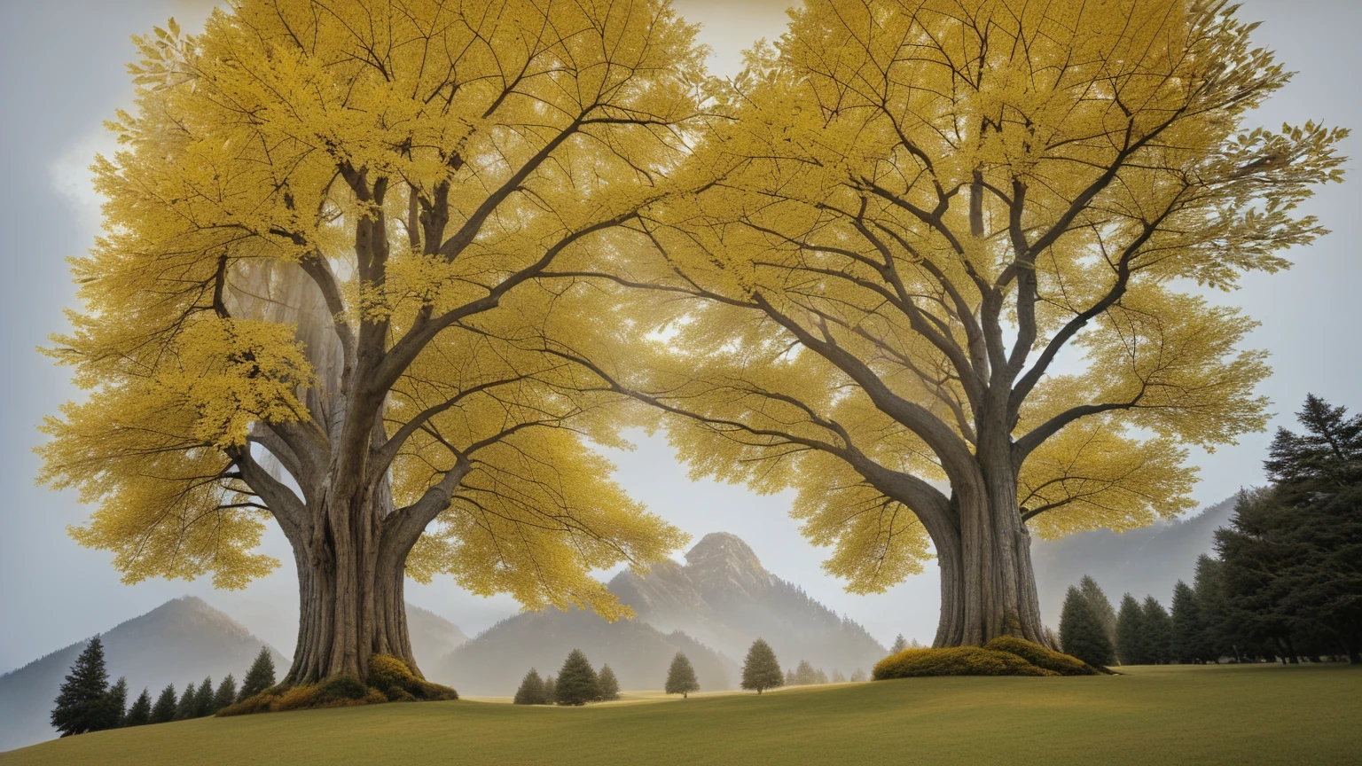 masterpiece, A tree stands in the grass near a hill, Golden Sacred Tree, Made of wood and fantasy valley, Giant Tree, Ancient Tree, Yellow leaves, Giant white tree, Fantasy Tree,
