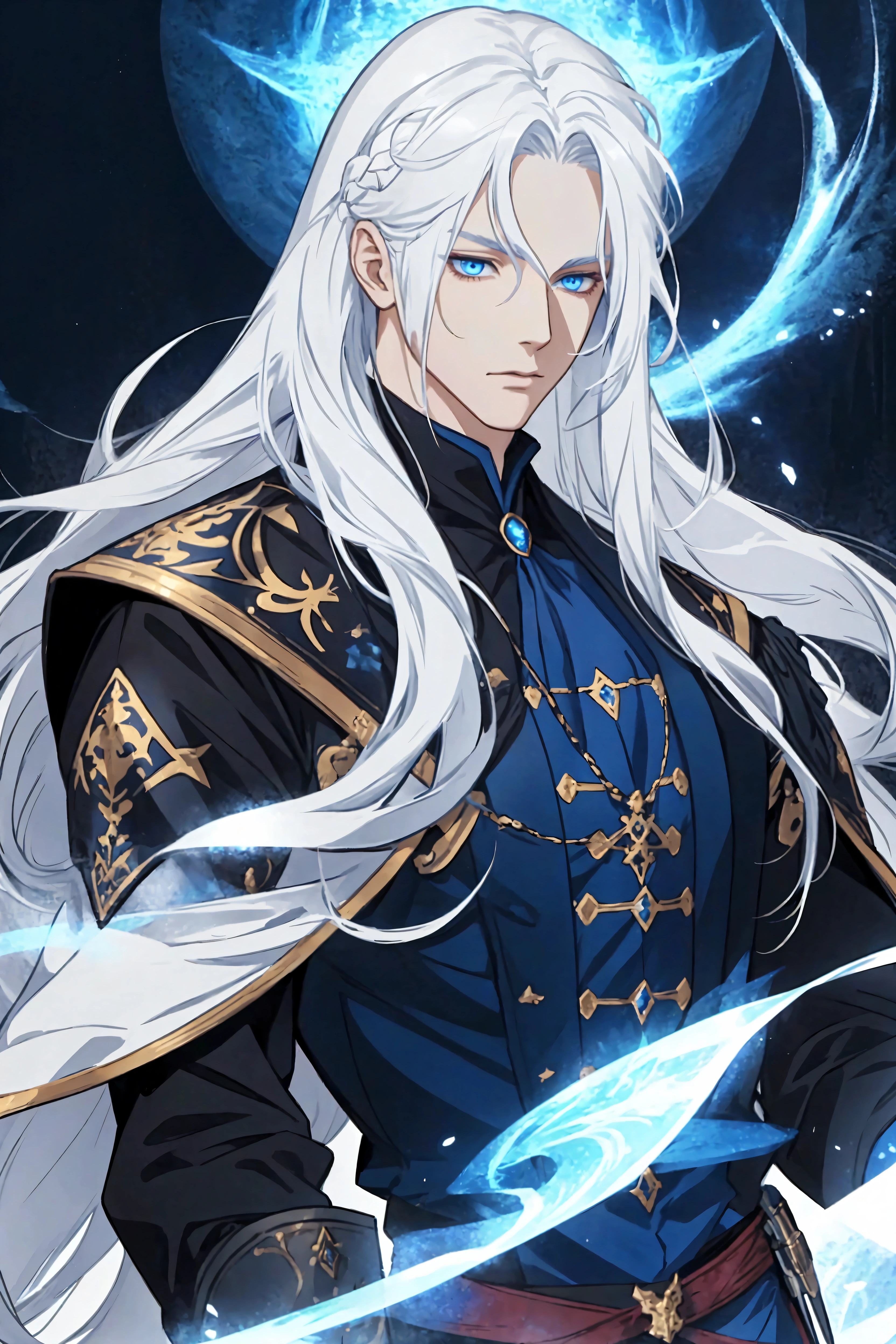 Man, male focus, solo, white hair, very long hair, blue eyes, fair skin, fantasy clothing, top quality, ultra definition, Illustration, high resolution, fantasy background