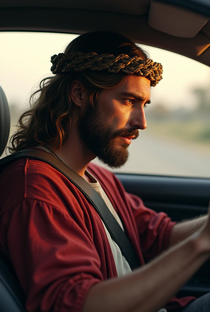 ((Best resolution:1.4)), ((high quality:1.2)), 8k, extremely detailed, ((High detail:1.2)), Solo, (Jesus Christ with a car and an m4a1 rifle), 