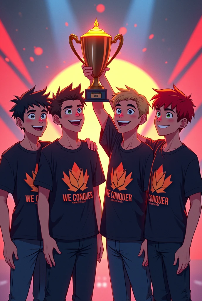 Four gamer boys are showing trophy and four boys t-shirt writing " We Conquer " with conquer logo. Four boys age 20 with adult face and different hair style, different hair colour. In the background like logo background.