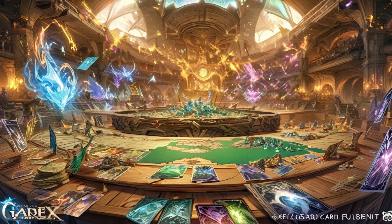 Card Game, Mystic, Adventure, Card, Battle, Strategy, Collect, Deck, Unique, Opponent, Arena, Quest, Upgrade, Element, Fantasy, Fantasy Creatures, Enchantment, Spells, Customization, Global, Challenge, Victory, Loot, Adventure Map, Mystical Power, Card Fusion, Skill Tree, Relics ,highres,ultra detailed,best quality,masterpiece