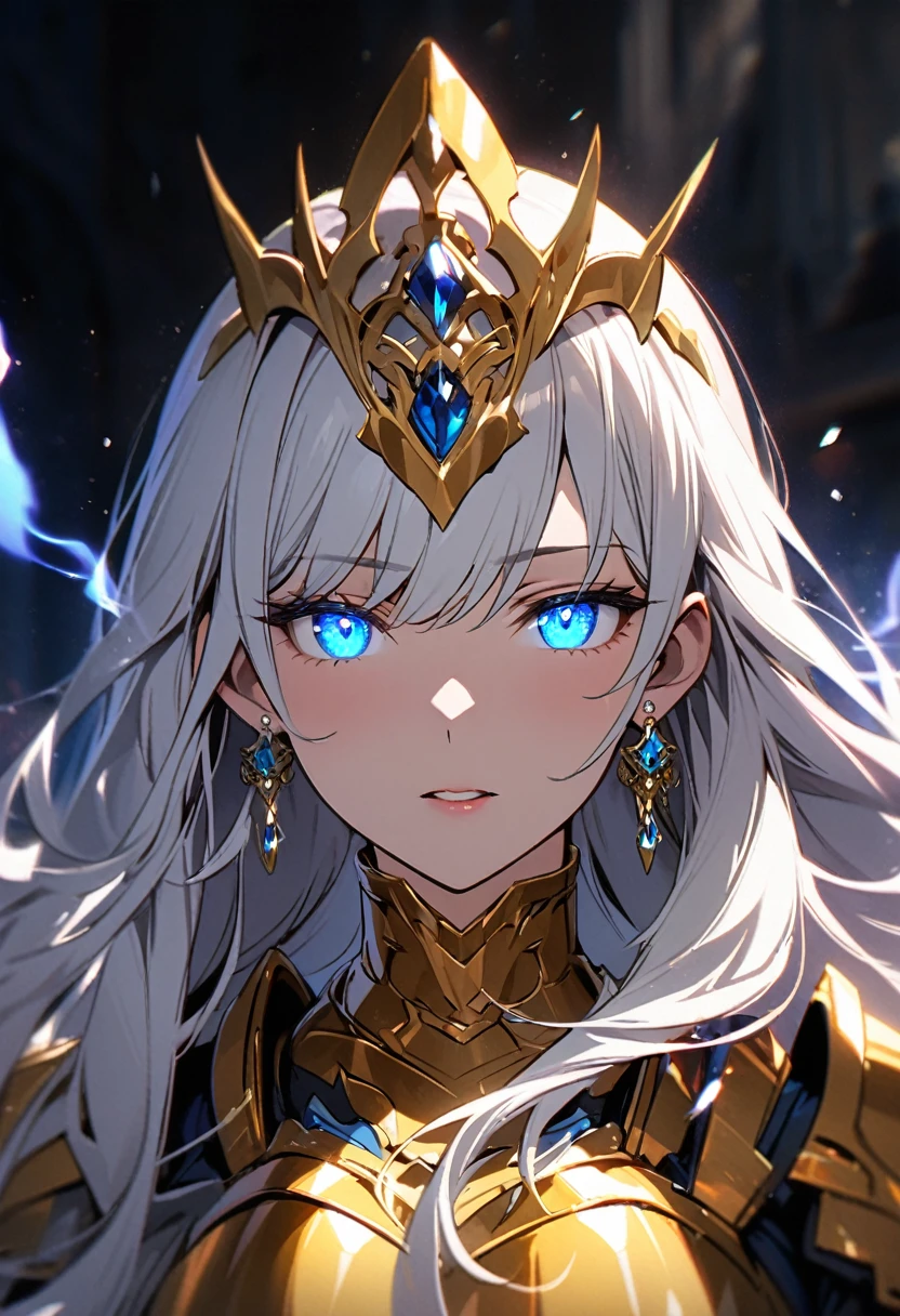 woman, blue eyes, long hair, white hair, mature, diamond earings, beautiful, beautiful color, holo, light aura, glowing eyes, golden armor, macro picture, half eyes