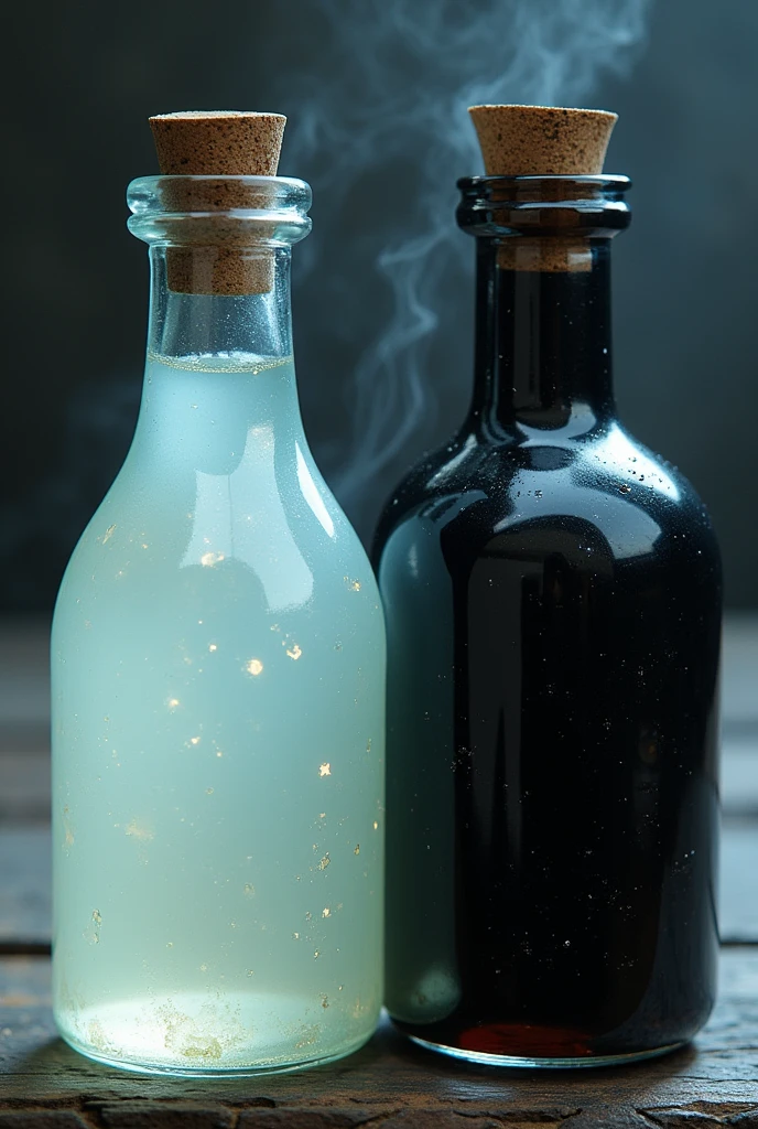 A Potion with a Translucent, ghostly white with a faint, ethereal glow that seems to fade in and out, much like a spectral presence. & Another potion with a Opaque, deep black with subtle, shadowy wisps that move within the liquid, giving it a dark and mysterious aura.