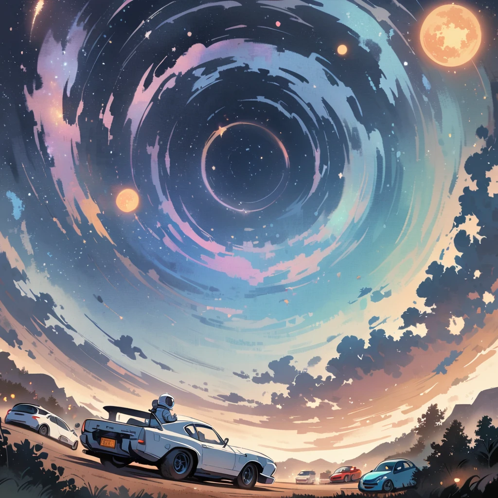 man boy sit in spacesuit floating in space,white hair, surrounded by the Milky Way, the universe , cutely. with cars