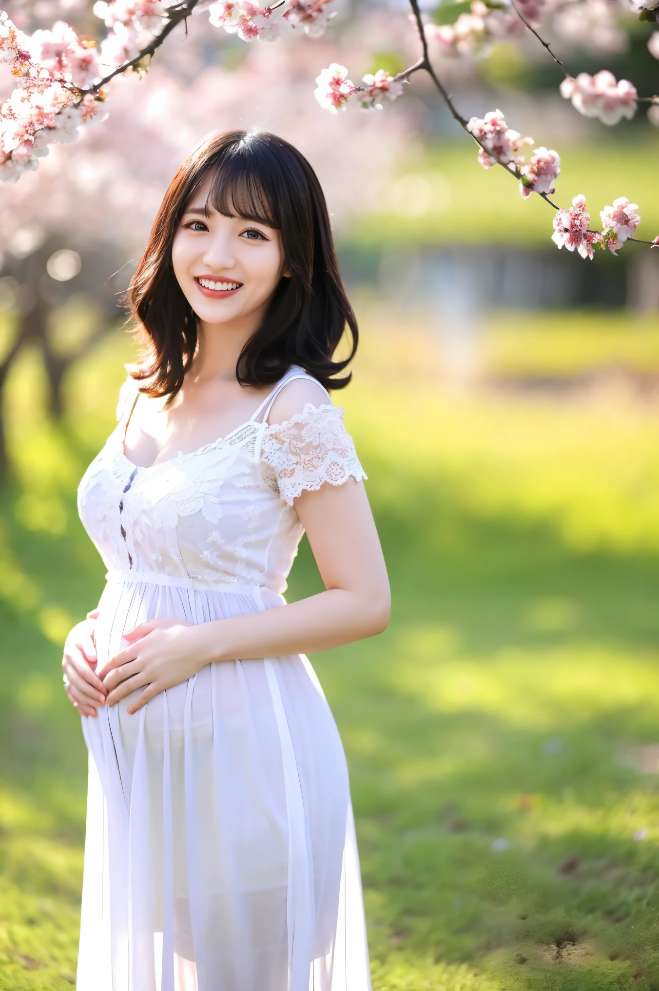 (Highest quality、masterpiece、8k、Best image quality、Award-winning works)、1 female、A walk in the park、(pregnancy:1.1)、(alone:1.1)、(1 photo:1.1)、Elegant white maternity wear、See-through maternity wear、Perfect Makeup、thin、The biggest smile is looking at me、Perfect Anatomy、Standing full body photo、Blurred cherry blossoms in full bloom,、big grass park、Refreshing atmosphere、very bright and vivid、Beautiful eyes in ultra-high resolution、Ultra high resolution perfect beautiful teeth、Ultra-high definition beauty face、Ultra HD beautiful hair、Perfect teeth alignment、short hair