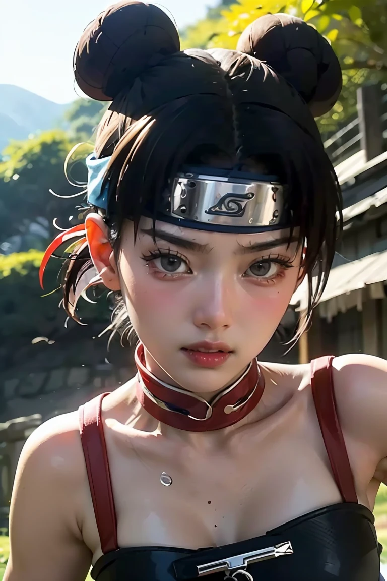 high quality,painting,realistic,portrait,Naruto woman,beautiful detailed eyes,beautiful detailed lips,flowing blonde hair,headband,vibrant colors,strong and confident expression,leaf village symbol,hidden village,traditional ninja attire,daring pose,fierce determination,peaceful backdrop,sunshine lighting,anime style,stylized background,action-packed scene,energetic brushstrokes,vivid emotions,strong personality,heroic,leader,legendary,inspiring,unyielding spirit,deep connection with nature,dynamic composition,sharp details,ninja skills,hidden power,ultimate ninja technique,arcs and spirals,sense of movement,loyal friends,unbreakable bonds,masterful shading,texture and depth,powerful impact,memorable artwork.