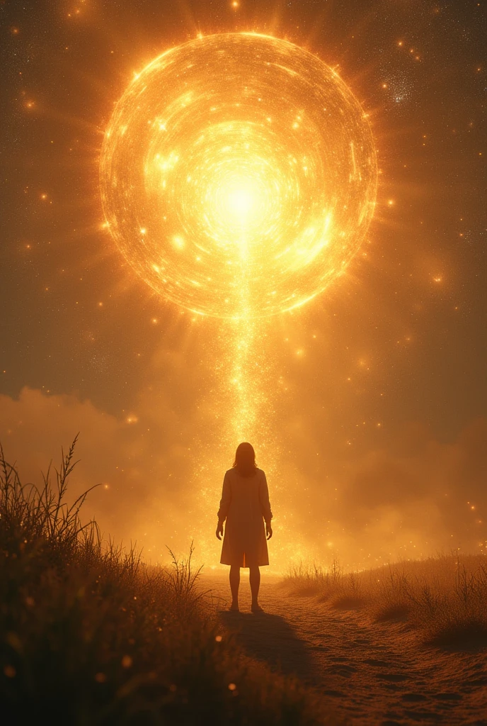 A landscape of an energetic field where everything a person thinks or desires begins to materialize in the air, surrounded by a golden aura.