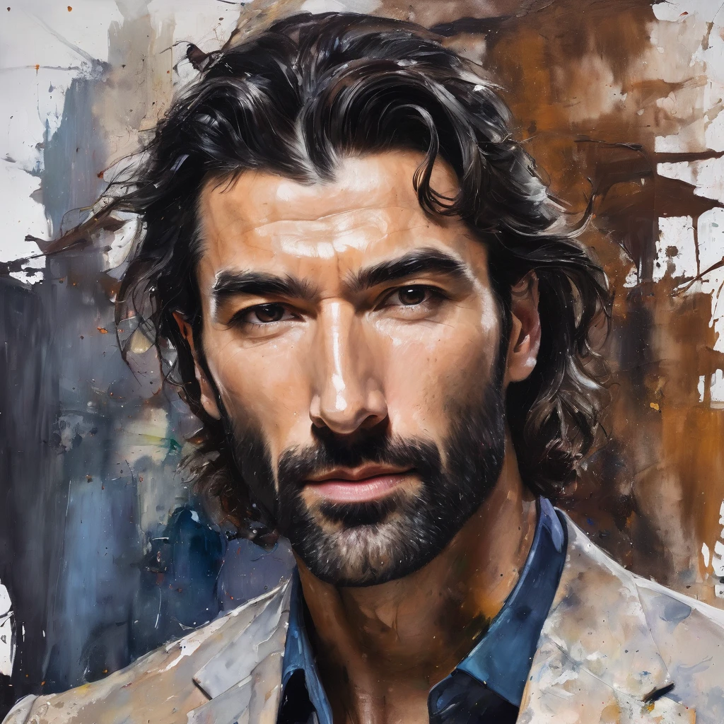 Messy painting style portrait of Justin Baldoni, white man, neck length hair, suit, rich, muscular, graying brown hair, short beard, serious