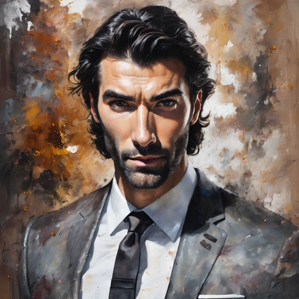 Messy painting style portrait of Justin Baldoni, white man, neck length hair, suit, rich, muscular, graying brown hair, short beard, serious