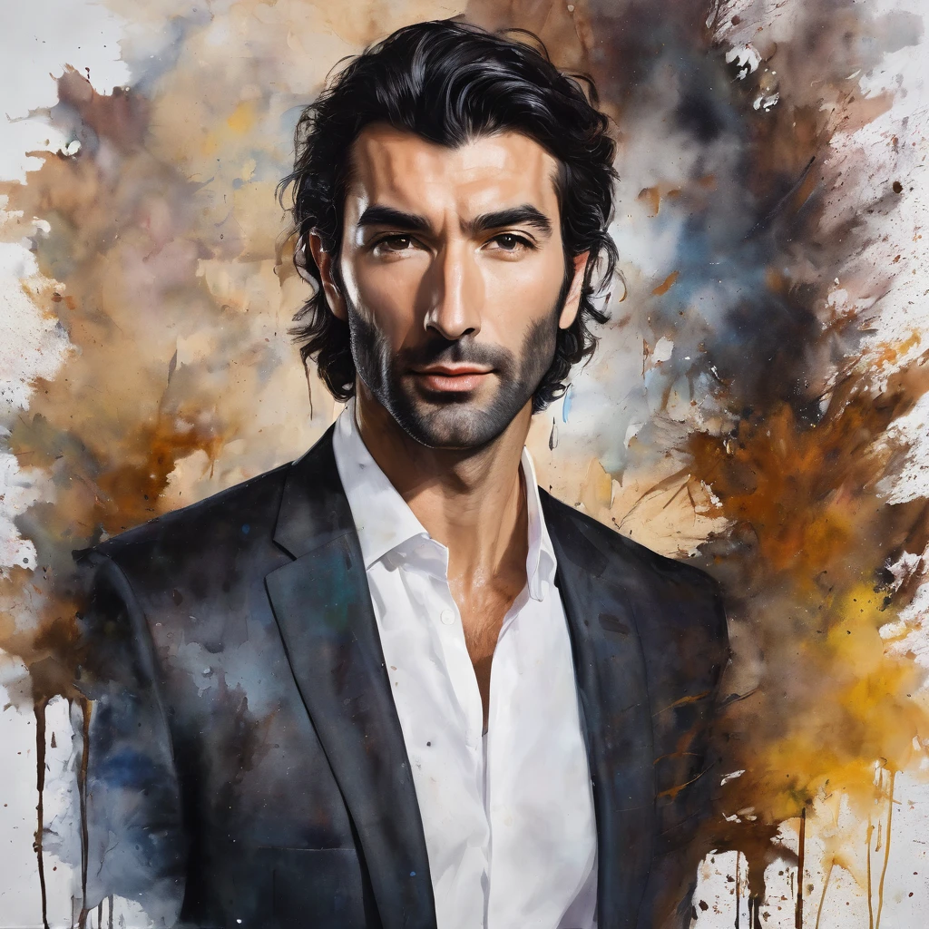 Messy painting style portrait of Justin Baldoni, white man, neck length hair, suit, rich, muscular, graying brown hair, short beard, serious