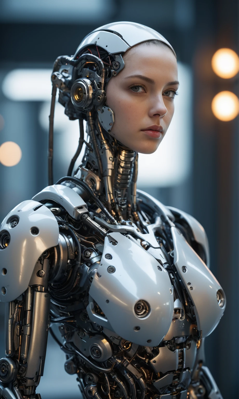 score_9, score_8_up, score_7_up, score_6_up, score_5_up, score_4_up, realistic style, photo, photorealistic, high detail, (sharp), cyborg, mechanical head, mechanical body, mechanical arms, posing  looking at viewer, soft lighting, (detailed face, detailed body), depth of field, bokeh