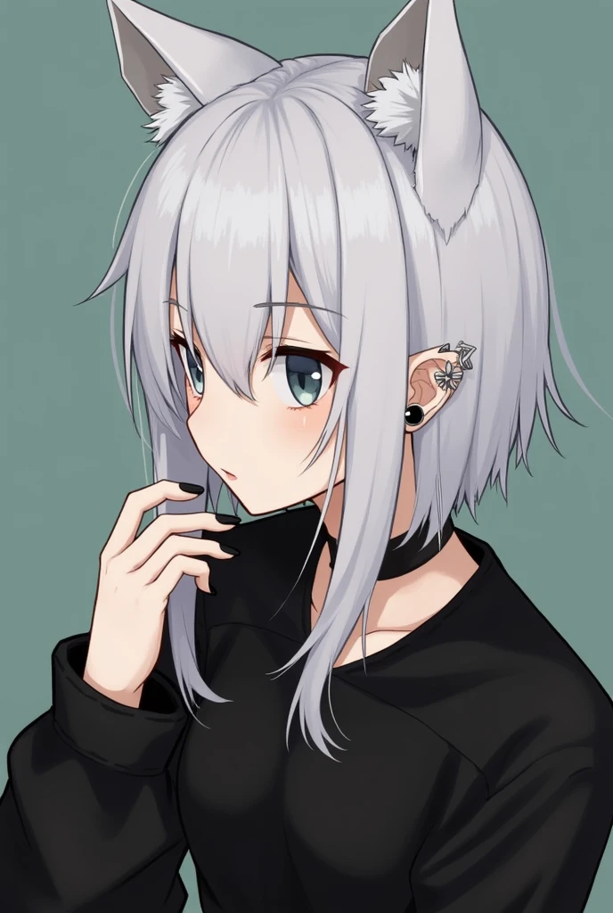 White-haired wolf cut、Black jersey、Black Nail、On the left earlobe2Pieces of earrings