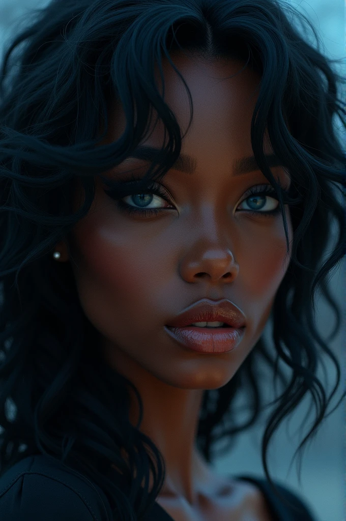 high quality, 8K Ultra HD, hyper-realistic portrait of a captivating woman, reminiscent of an African American Jessica Rabbit with colorful hair. The woman is portrayed in a moonlit setting, her features bathed in a soft, diffused glow that accentuates the delicate nuances of her expression. Piercing blue eyes. The artist, drawing from Sargent's precision, captures every subtle contour of her face, the intricacies of her gaze, and the cascading strands of her hair, In this mysterious ambiance, the artist employs da Vinci's mastery of shadow and light, creating an alluring interplay that accentuates the enigmatic aura surrounding the woman, Shadows dance across her features, enhancing the depth of her gaze and adding a touch of secrecy to the composition, by yukisakura, highly detailed, 