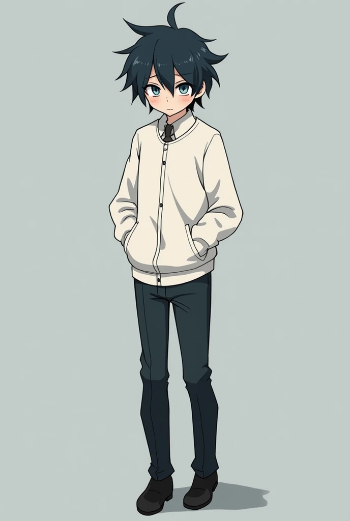 masculine, teenager -18 years olstraight and messy black hair, with medium length that reaches the neck, uneven bangs partially covering the forehead, big blue-gray eyes with a melancholic look, fair and slightly pale skin, thin body of medium height, wearing Japanese school uniform with white jacket, black pants and black shoes, sad and thoughtful expression. Yuta Okkotsu, JUJUTSU KAİSEN.