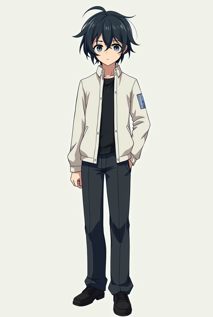 masculine, teenager 17-18 years old, straight and messy black hair, with medium length that reaches the neck, uneven bangs partially covering the forehead, big blue-gray eyes with a melancholic look, fair and slightly pale skin, thin body of medium height, wearing Japanese school uniform with white jacket, black pants and black shoes, sad and thoughtful expression. Yuta Okkotsu, JUJUTSU KAİSEN.
