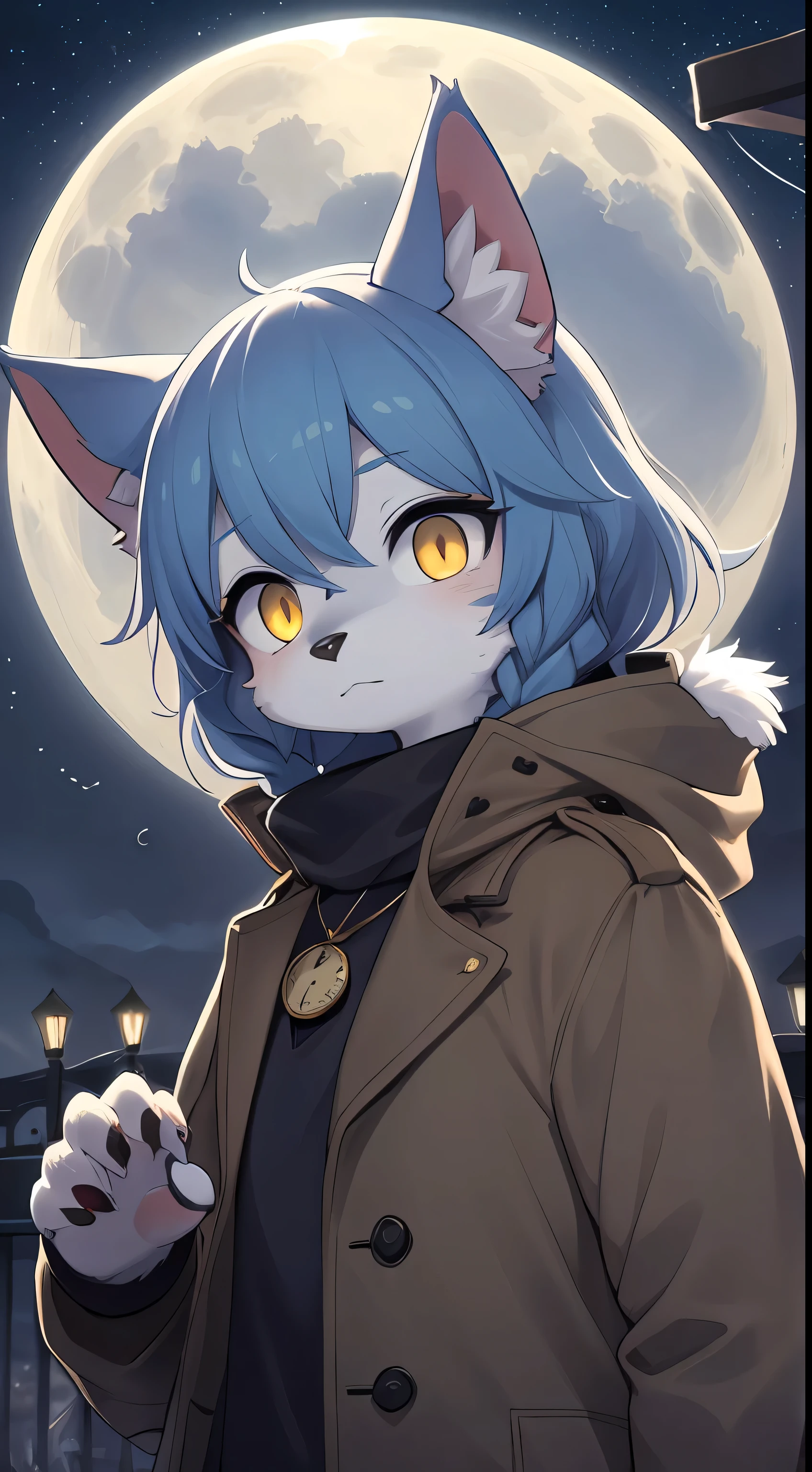 Cat boy,was hairy,shaggy,Skin fur,Smoothes lashes,Indigo fur,Forelimb hands,Short hair in men, Low twin braids' hair is scattered,solid circle eyes,Indigo ears,Indigo fur,Indigo facial fur,Short indigo hair,Hairline, Shiny hair, Wavy hair,Golden eyes,Super cute face,Cat tail,Fluffy tail,furry tail, Expressionless,Glowing eyes,Pocket watch in hand,Brown cape,Brown trench coat,ambiant light,Ultra-fine fur,volumettic light,dashed eyes, bangs, Stargazing,lightand shade contrast, uhdr, Masterpiece, High quality, high details, Under the rain,In the rain,Drizzle,Wet with rain,Wet hair,rainy outside,Best quality,Castle background,A sky full of stars,meteors,Night,full moon