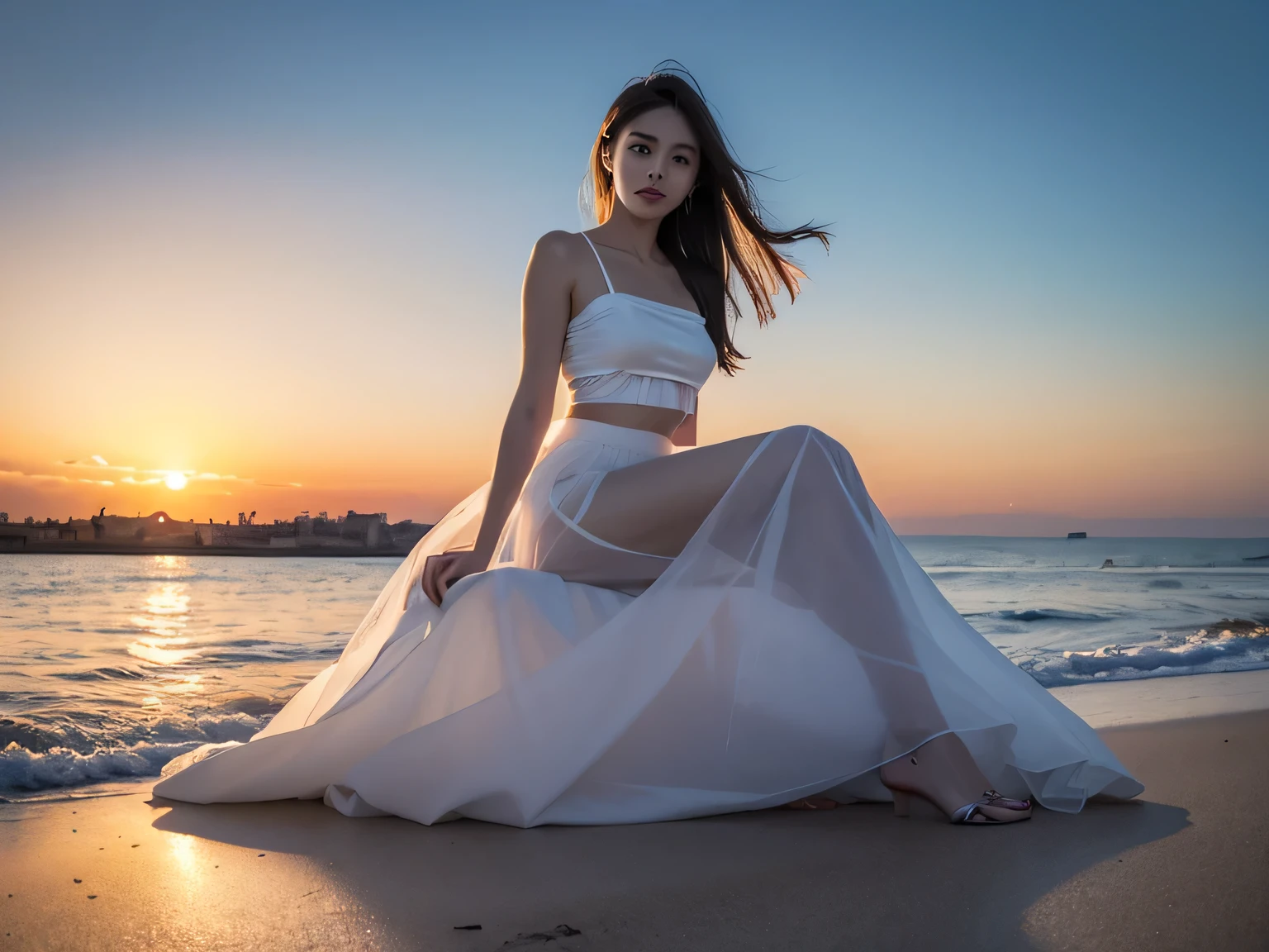 (Front focus), (masterpiece, top quality, the best, official art, Beauty and Aesthetics: 1.2), 1 girl lying on beach chair look up at the night sky, sad, Sitting by the sea, beach, night, look up, Sunset, Sunset, Looking at the sky absentmindedly, Wear a long skirt, White long skirt, (Half-length photo: 1.5), dynamic poses, original photo, contemporary aesthetics, Bright light, Backlight, original photo, sharp focus, realistic feeling, movie lighting, Volumetric lighting,