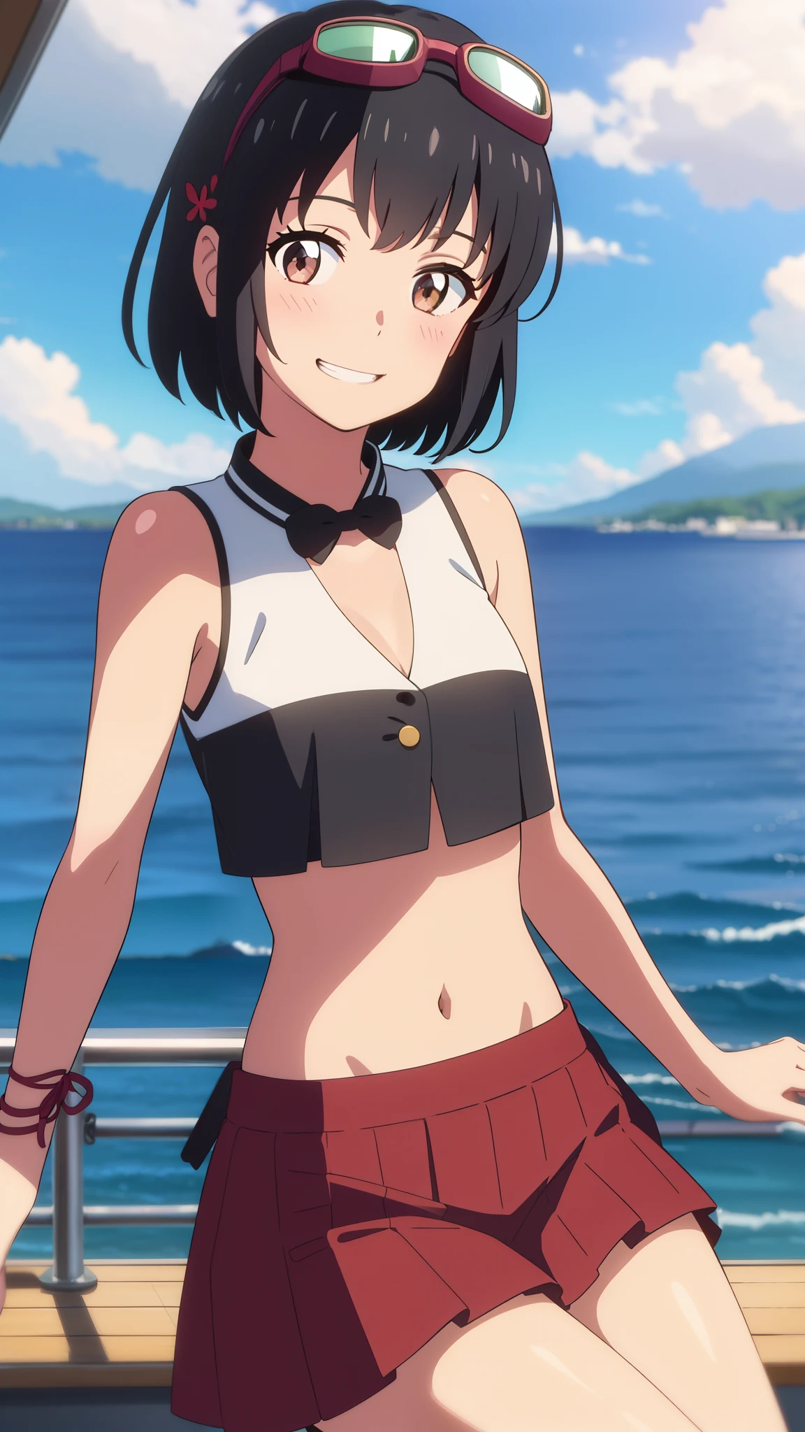 shinkai makoto, kimi no na wa., 1girl, bangs, black hair, blush, brown eyes, perfect face, looking at the viewer, idol costume, red ribbon, short hair, solo, shinny skin, smile, cute, open mouth, grin, hair ornaments, crop top, navel, goggles on head, skirt, On a yacht, Beautiful background, The background is a beautiful sea, joy, (masterpiece), best quality