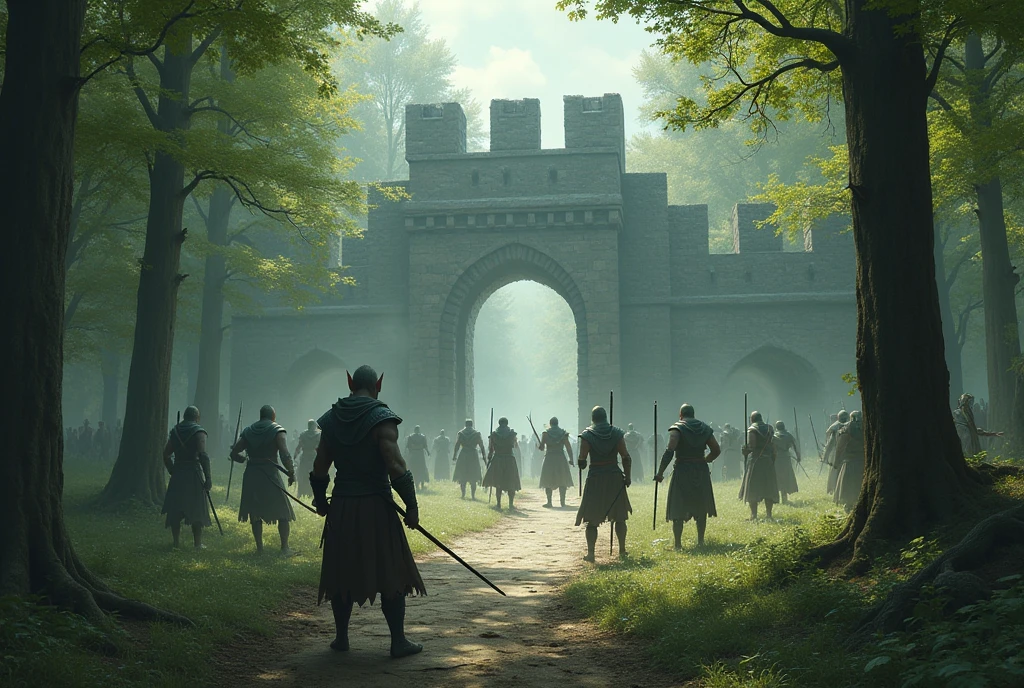 a small group of  [slender elven warriors, elf ears, pale skin] fighting a small group of  [orcs, green skin, bulky] fighting outside the gates of an eleven fortress with walls in a dense forest