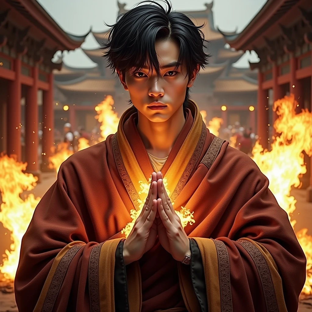 epic scene,photography of a handsome lean male lama, short black hair, lama costume, surround by speck of fire, press the hand together at the chest in sign of respect, behind him was an old asian temple, eyes on camera --ar 9:16 --style raw --stylize 777