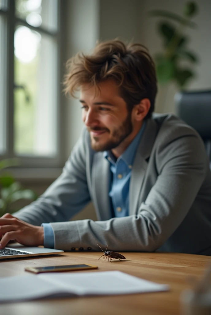 An employee of a young company talking to a cockroach in his office 