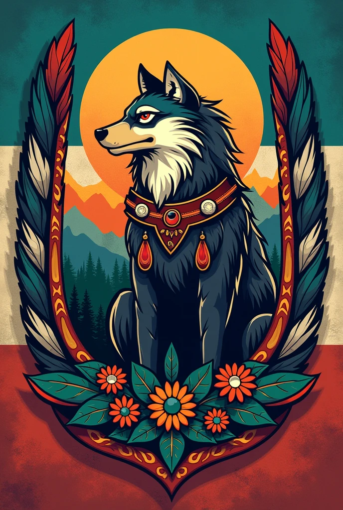 Create a flag coat of arms with an indigenous peoples themed mascot