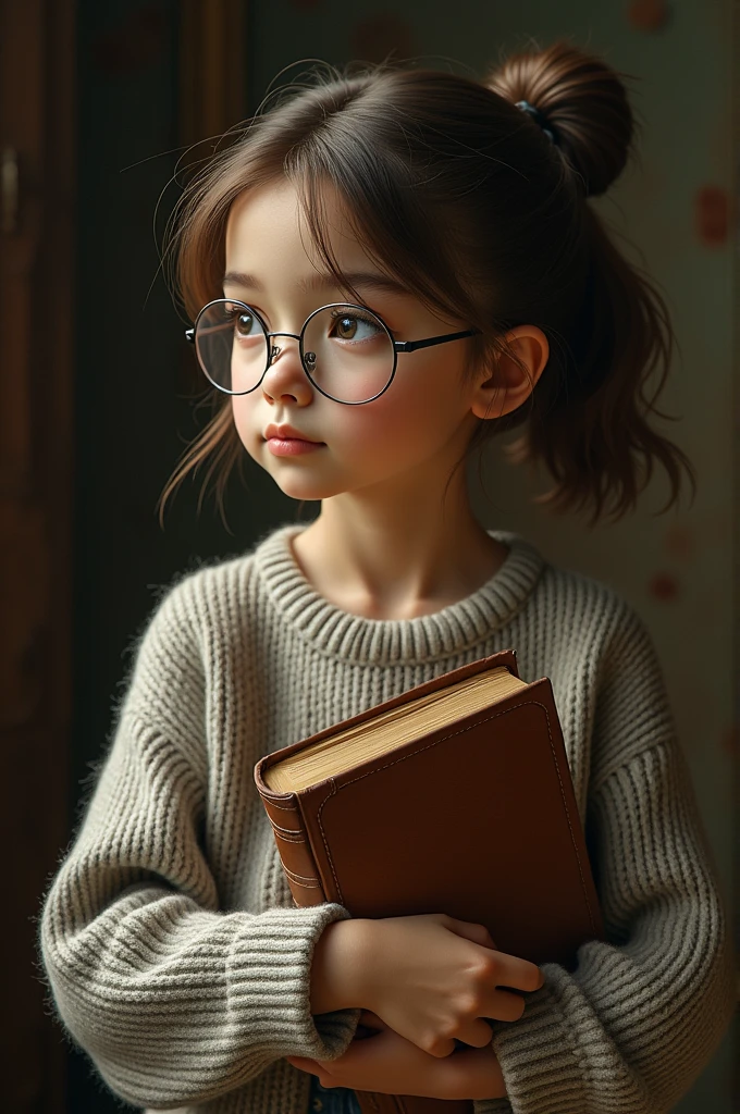 A girl wearing woollen sweater,with short ponytail, wearing glasses, without earings, with one tin leg with a leather book in her hand