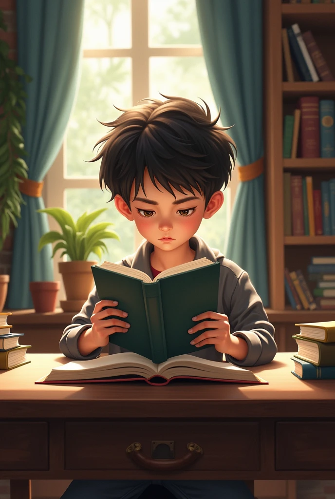 A boy reads a book with concentration in a room sit in a study table
