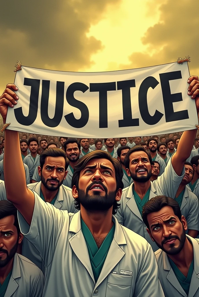 Hundreds of indian doctors protesting by holding a banner "JUSTICE", yellowish, medium contrast,men and women doctors are crying and angry,there is a line created by dark clouds in the sky"ALL EYES ON RG KAR"