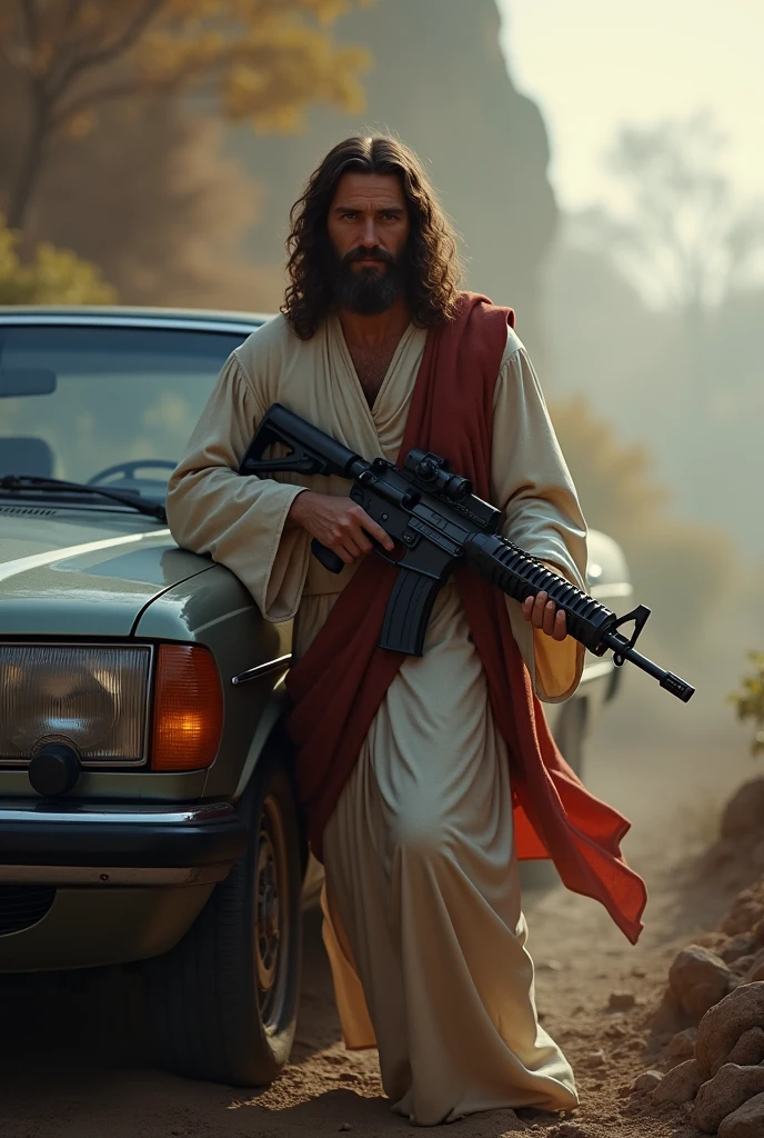 ((Best resolution:1.4)), ((high quality:1.2)), 8k, extremely detailed, ((High detail:1.2)), Solo, (Jesus Christ with a car and an m4a1 rifle), full body,