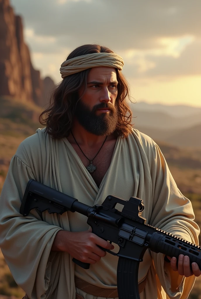 ((Best resolution:1.4)), ((high quality:1.2)), 8k, extremely detailed, ((High detail:1.2)), Solo, (Jesus Christ with a car and an m4a1 rifle), full body,
