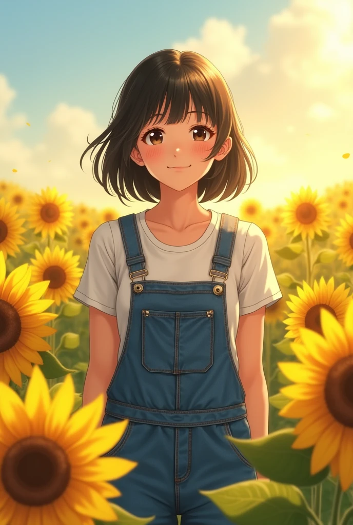 The location is a sunflower field under natural light. She is wearing overalls and has black hair with bangs.、A Japanese girl with collarbone-length hair、Her whole body is showing her vitality.、It shows her inner peace and outer charm.。