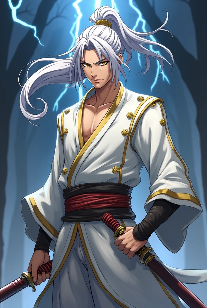 I would like to make an anime version, I want a character with long silver hair and a ponytail, outstanding golden oriental eyes and fearsome, male golden lightning controller style fighter skilled with long swords strong enough to destroy enemies with a single attack, slim and strong body, preference for light-colored clothes with golden touches, serious and arrogant personality, and a look that causes fear