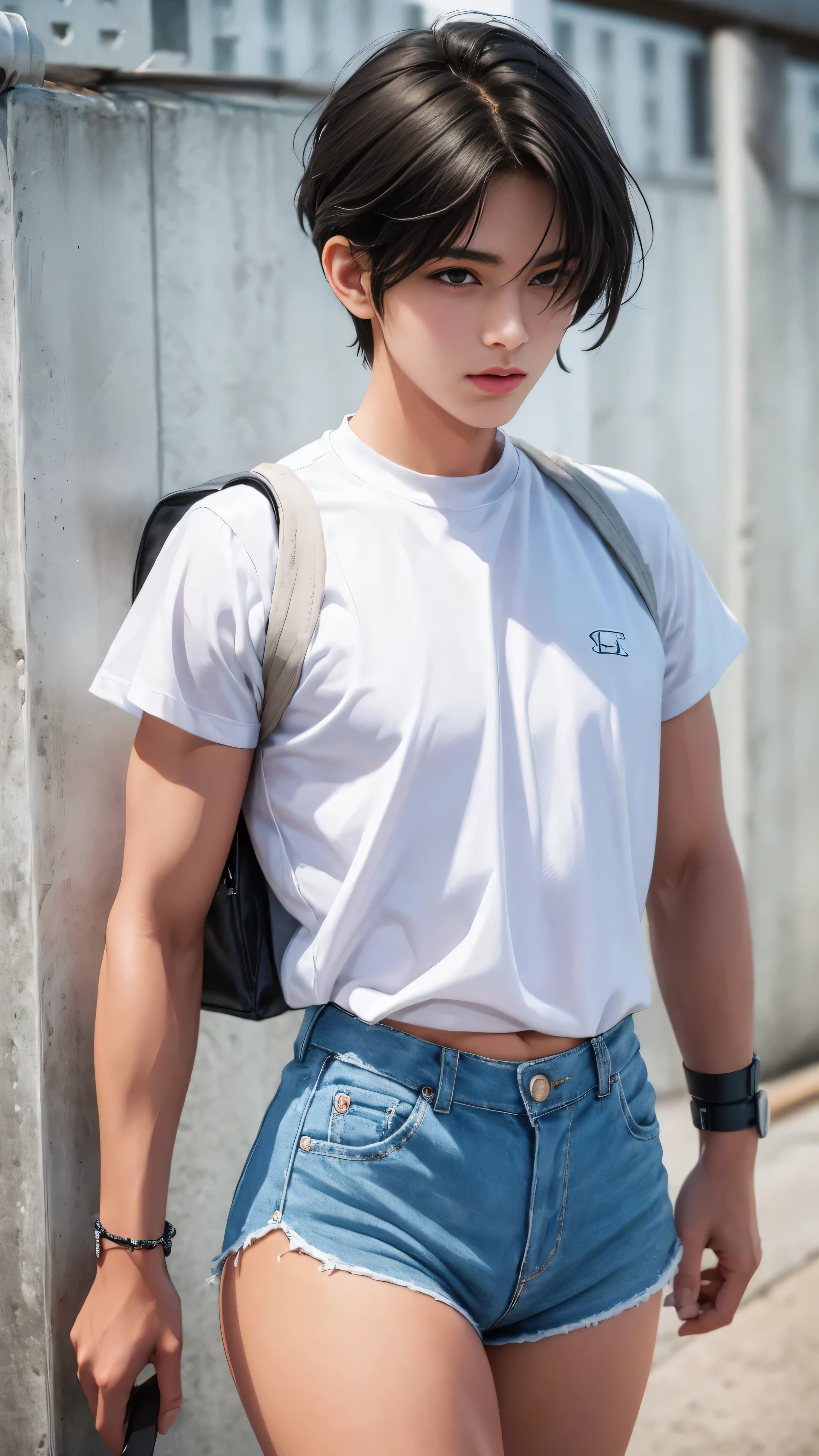 Handsome boy 18 years old, tanned, cute face, brown eyes, dark hair, bangs, wearing short sleeved cropped shirt and excessively short mini shorts, long slim legs, bracelets, flirtatious pose, hot summer, top quality