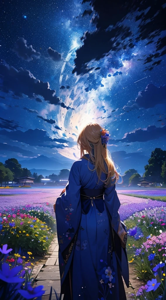 1people々々々々,Blonde long-haired woman,Blue kimono, Dress Silhouette, Rear View,Space Sky, Flower Field,Colorful flowers,Fluttering petals,