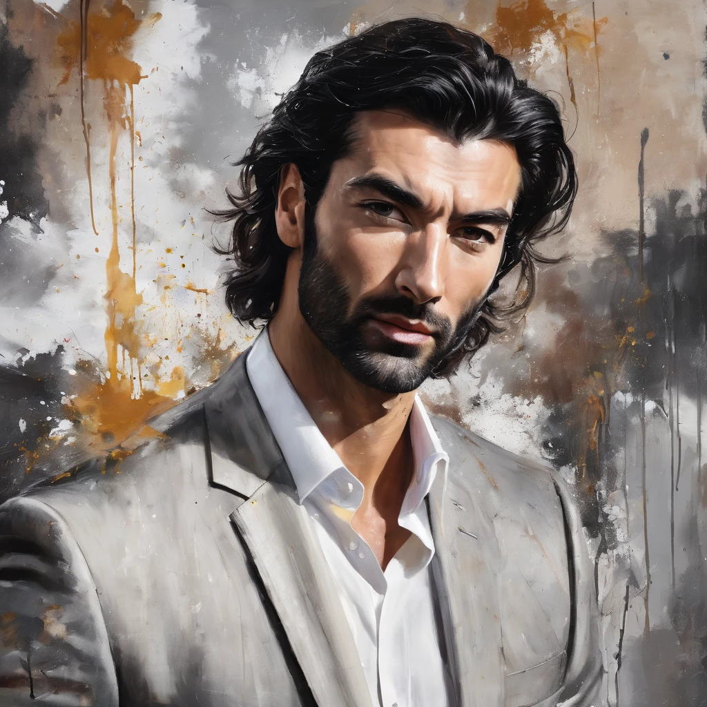 Messy painting style portrait of Justin Baldoni, white man, neck length hair, suit, rich, muscular, gray brown hair, short beard, serious